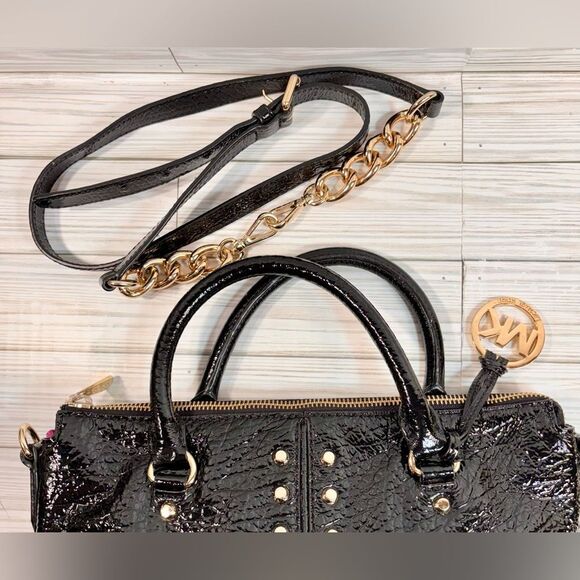 075-Michael Kors Black Leather Uptown Astor Satchel with Gold Stud Accents - Picture 9 of 12